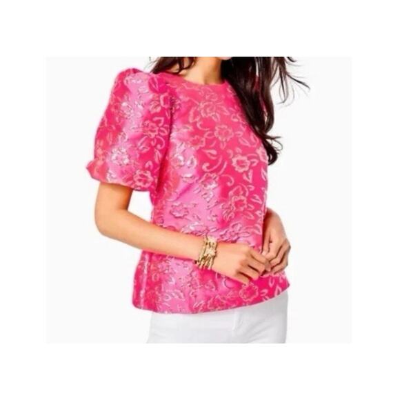 Lilly Pulitzer Pratt Top Pink Gold Brocade Puff Sleeve Party Blouse NWT - Small - Picture 1 of 10